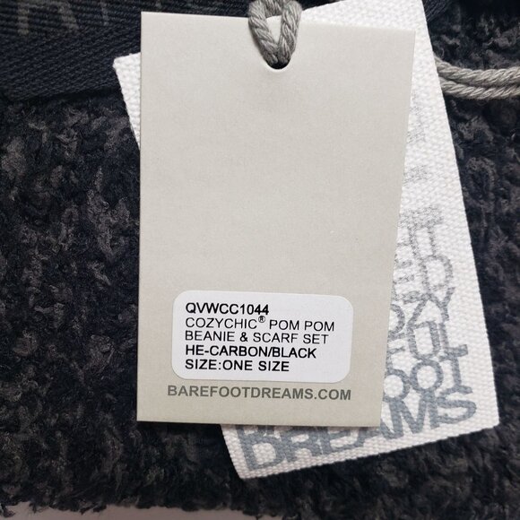 Barefoot Dreams CozyChic Pom Pom Beanie & Scarf Set Carbon/Black OS Winter Wear - Picture 2 of 12